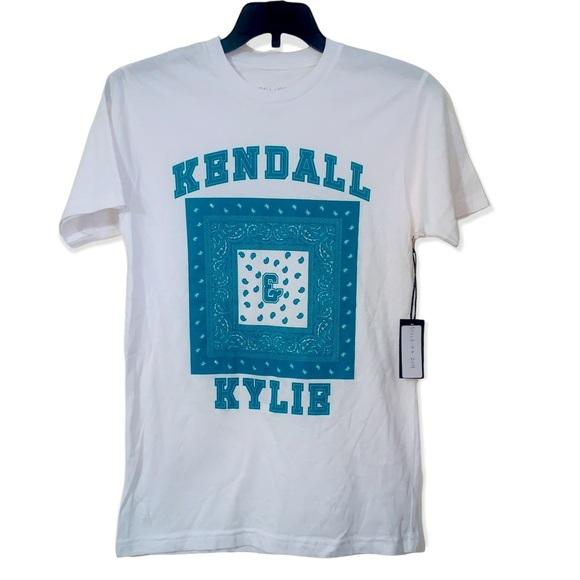 Kendall + Kylie KK logo teal and white Bandana White Tshirt kk-204-teal NWT SM - Picture 1 of 5